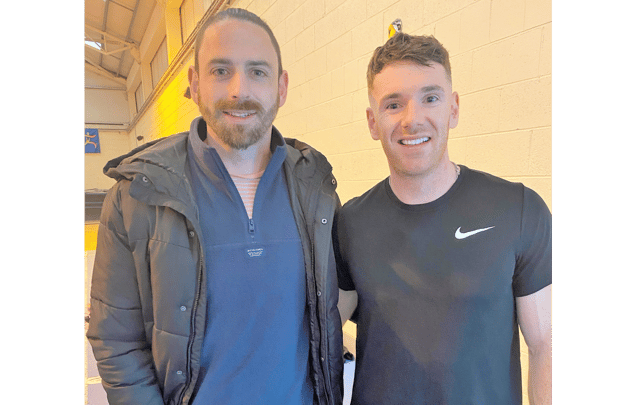 All smiles! Carrick AC's Gerard O'Donnell and Eanna Madden pictured after they both won medals at the Irish Life Health Athletics Ireland National Senior Track & Field Championships in Morton Stadium