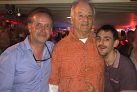 Hollywood acting royalty Bill Murray pictured with Paddy Kelly, owner of Charlie Malone's Bar and poet Mikey O'Doherty at the pub on Monday evening