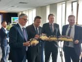 Say cheese: Taoiseach Leo Varadkar samples some cheese at the turning of the sod at the new Kilkenny chese plant today
