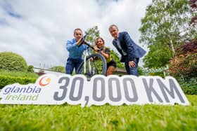 At the launch of Glanbia 300 were Raymond Bannon, Finance Operations Specialist; Ciara O'Rourke, Quality Grading Specialist and Cycle Sponsor, Jim O'Neill.