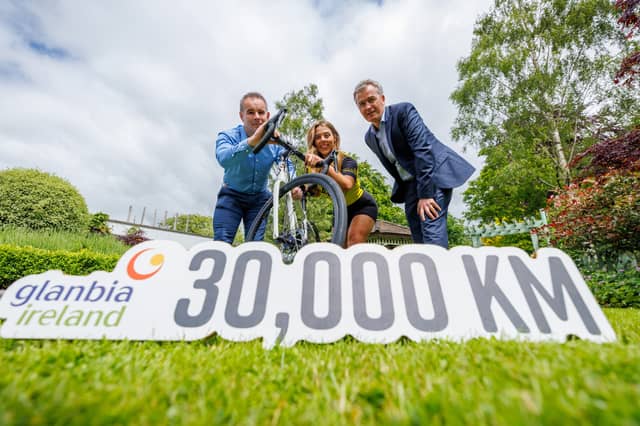 At the launch of Glanbia 300 were Raymond Bannon, Finance Operations Specialist; Ciara O'Rourke, Quality Grading Specialist and Cycle Sponsor, Jim O'Neill.