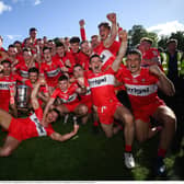 Derry players celebrate with the Anglo Celt Cup after the Ulster GAA Football Senior Championship Final between Derry and Donegal at St Tiernach's Park in Clones, Monaghan. Photo by Stephen McCarthy/S