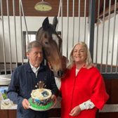 JP and Noreen McManus with a cake for the birthday boy, Istabraq