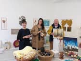 Artists Cróna Gallagher and Carol mcGowan with Manorhamilton resident Pat Love