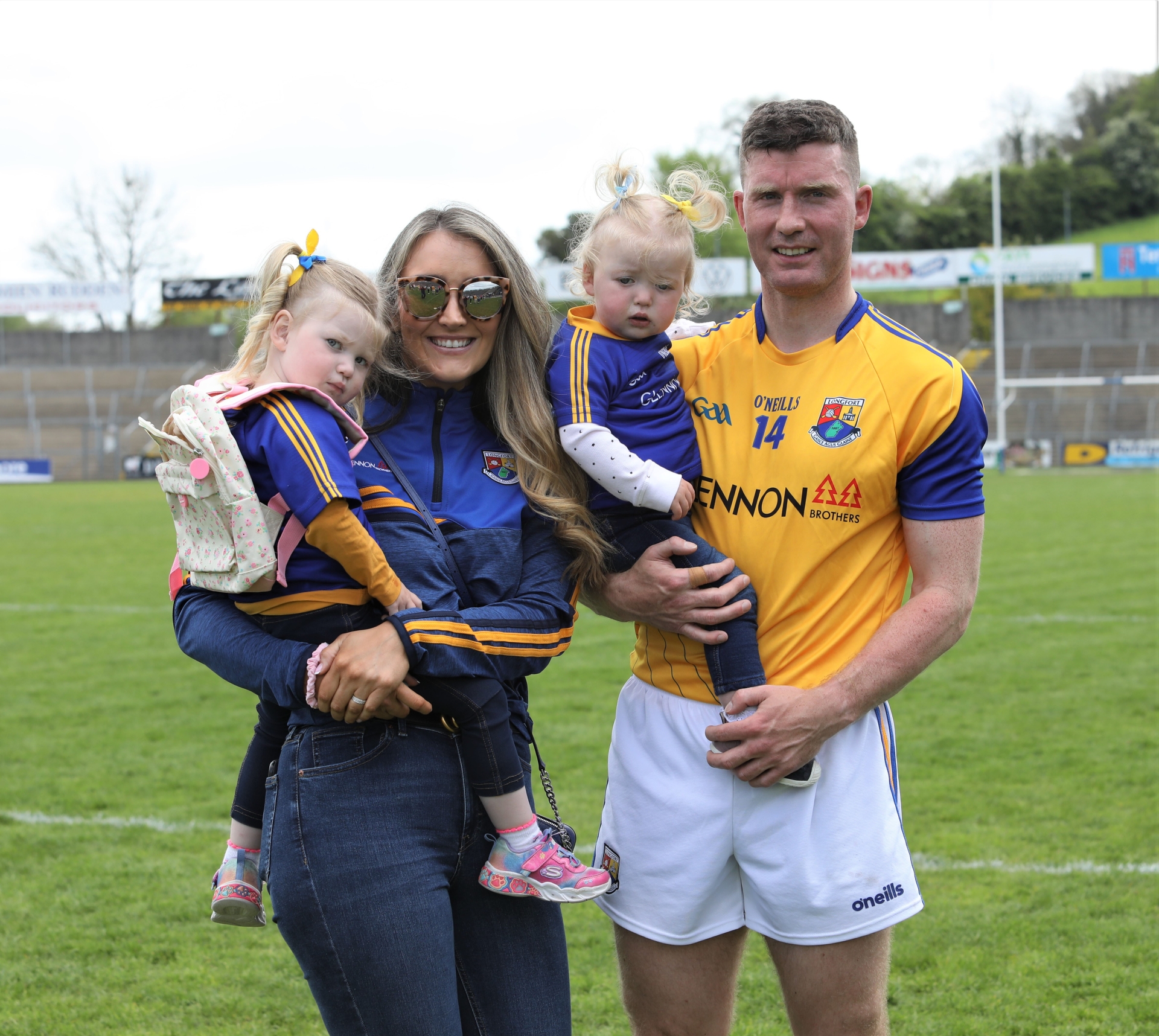 Wolfe Tones and Longford hurler Cathal Mullane with his wife Edel and daughters Hollie & Marnie Picture: Syl Healy