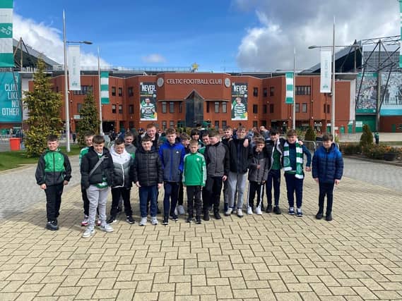 Don Boscos outside the home of Glasgow Celtic on their recent visit to Scotland.