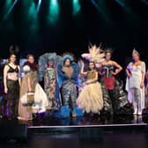 The nine creations who were announced as Junk Kouture world finalists at the Junk Kouture Dublin City Final at the Bord Gais Energy Theatre, with the Borrisokane CC entry on the extreme right.