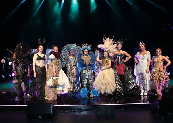 The nine creations who were announced as Junk Kouture world finalists at the Junk Kouture Dublin City Final at the Bord Gais Energy Theatre, with the Borrisokane CC entry on the extreme right.