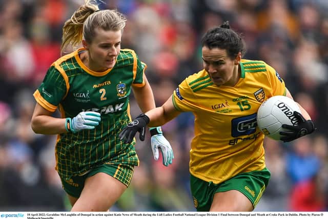 Meath full-back Mary Kate Lynch was sin-binned for a foul on Yvonne Bonner - who had only just scored Donegal’s first point from play - and Donegal captain Niamh McLaughlin brilliant fired the penalty to the roof of the net.
