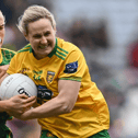 Karen Guthrie of Donegal is tackled by Vikki Wall of Meath. Photo: Sportsfile