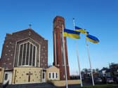 Ukraine Flags Fly at the Portlaoise Parish Church.