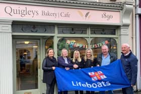 RNLI lifeboat fundraising committee at the launch with sponsors Gillian O'Connor and Niamh O'Connor, Quigleys Bakery