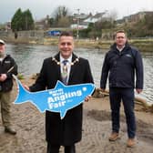 Derry City and Strabane District Council Mayor Graham Warke with Ian Gamble, APGAI Ireland, casting instructor for the north-west angling fare, and Ciaran McGonigle from the Loughs Agency