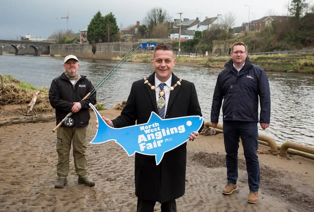 Derry City and Strabane District Council Mayor Graham Warke with Ian Gamble, APGAI Ireland, casting instructor for the north-west angling fare, and Ciaran McGonigle from the Loughs Agency