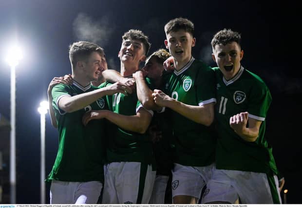 Mikey Raggett (second from left) celebrates after scoring the Republic of Ireland's second goal PICTURE: Harry Murphy/Sportsfile