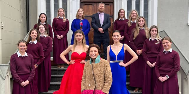 Celia pictured with students and staff for the launch of the Laurel Hill Fashion Show which will take place on April 7