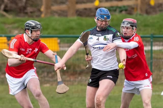 Louth's Seaghan Conneely and Sean Kerrisk fail to block Warwickshire's Anthony Hands. (Pic: Chris Egan)