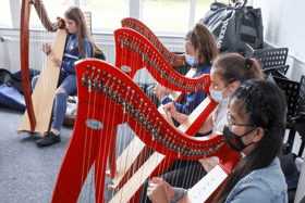 Harpists ready for the show at the Music Generation Laois Tion—l '21 Harp & Pipes live streamed event from The Malthouse, Stradbally. Picture: Alf Harvey.