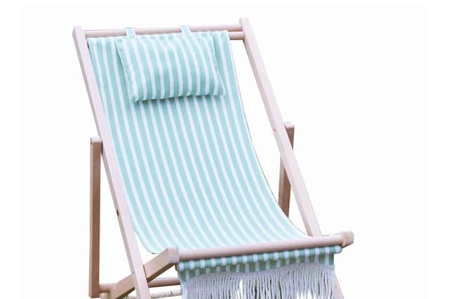12. Green Striped Wooden Deck Chair with Head Cushion, £149.99, Gardenesque