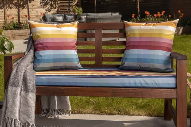 13. Water Resistant Garden Outdoor Bench Seat Pad – Pixel Stripes (available in 2-Seater or 3-Seater size), from £69.99, Water Resistant Garden Cushions, £29.99 each, Celina Digby