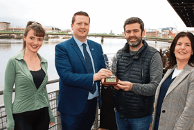 Tommy Barrett, manager of Treaty United receives the Limerick Person of the Month Award. Also pictured is Áine Fitzgerald, Limerick Leader; Darren Harding, Clayton Hotel & Mary O'Riordan of Southern