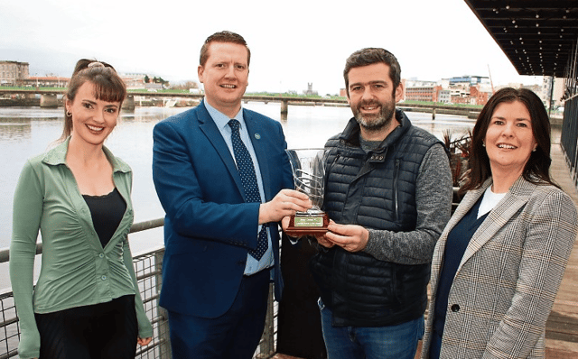 Tommy Barrett, manager of Treaty United receives the Limerick Person of the Month Award. Also pictured is Áine Fitzgerald, Limerick Leader; Darren Harding, Clayton Hotel & Mary O'Riordan of Southern