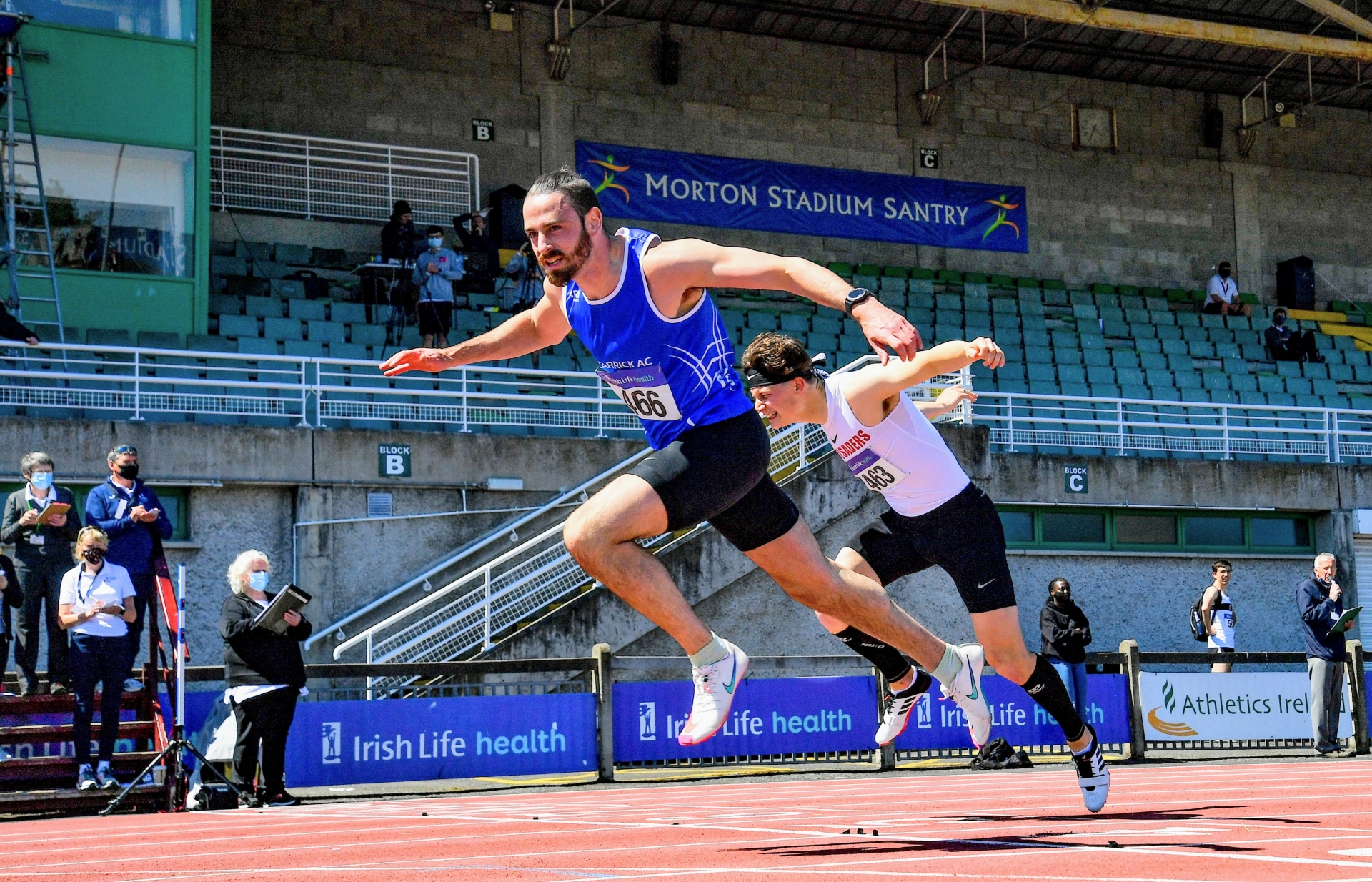 Gerard O'Donnell crosses the line to win his fifth 110m Hurdles title in a row at the Irish Life Health Athletics Ireland National Senior Championships Picture: Sam Barnes Sportsfile