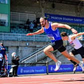 Gerard O'Donnell crosses the line to win his fifth 110m Hurdles title in a row at the Irish Life Health Athletics Ireland National Senior Championships Picture: Sam Barnes Sportsfile