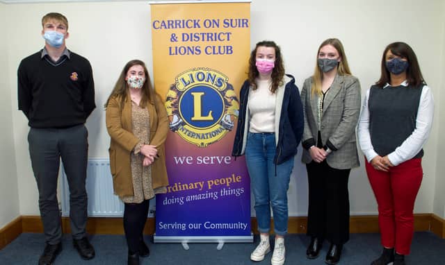 Carrick Lions Club Youth Ambassador finalists from left: Oscar Geoghegan, Joni Hunt, Caoimhe O'Shea and award winner Kendra Watson with Emer Barry of Carrick Lions Club
