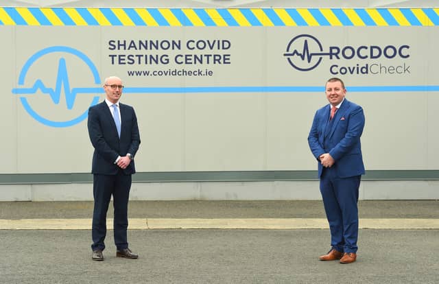Stephen Keogh of Shannon Chamber with RocDoc Chief Executive, David Rock, at the RocDoc testing centre in Shannon | PICTURE: Diarmuid Greene