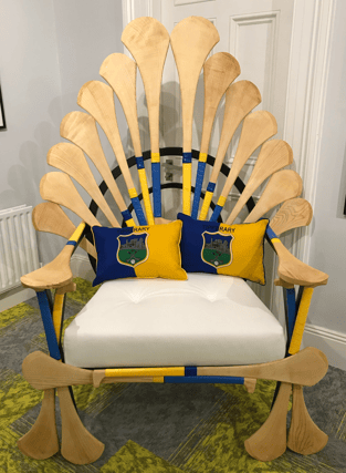 Throne of games: the chair in Nenagh’s new tourist office that has been decorated with different styles of hurleys all made locally