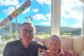 Mairead Hickey celebrating her 101st Birthday at St. Martha's Nursing Home, Bansha, with her son Liam.
