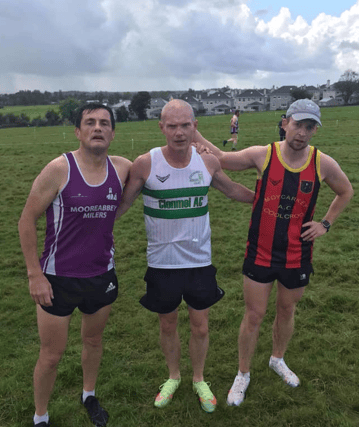 The first three men home in the County Novice Cross Country Championships at Newport on Sunday last. From left: Kieran Lees Mooreabbey Milers, Paul Minogue Clonmel and Mossie Bracken Moycarkey Coolcr