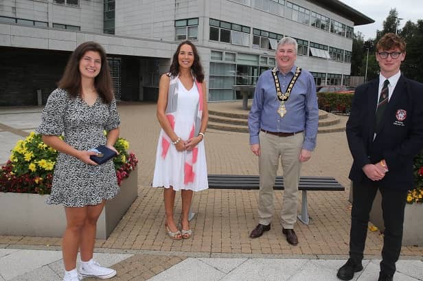 Rachel Bradley, Councillor Stephanie Quigley, the Mayor of Causeway Coast and Glens Borough Council Councillor Richard Holmes and Fergus Bryce pictured at Cloonavin.