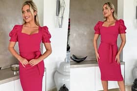 This fuchsia pink dress is such a beauty - just look at the lace detail on the puff sleeves!