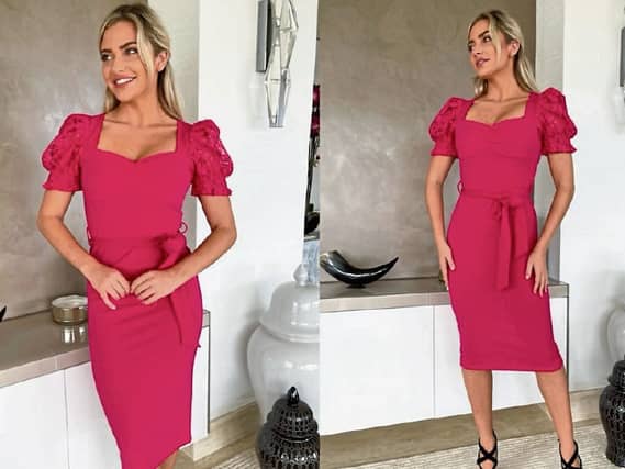 This fuchsia pink dress is such a beauty - just look at the lace detail on the puff sleeves!