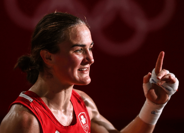 Ireland's Olympic boxing finalist Kellie Harrington celebrates her semi-final win in Tokyo on Thursday morning