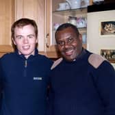 Tommy Barrett pictured with Fr Martin who wiill bring the masks back home to Tanzania
