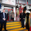 The Mayor of Derry City and Strabane District Council, Brian Tierney pictured with the late Mark Farren's parents Michael and Kathleen visiting their son's mural at the Ryan McBride Brandywell Stadium