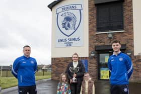Bronagh Burke, wife of the late Thomas Burke with her children twins Adam and Aoife, at the launch of the Thomas “Burkey” Burke Perpetual Cup. Included are Paul Kelly and Ciaran Deery. nwpresspics