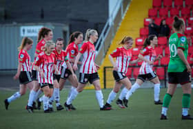 Derry celebrate one of their goals. Photo by JPJ Photography