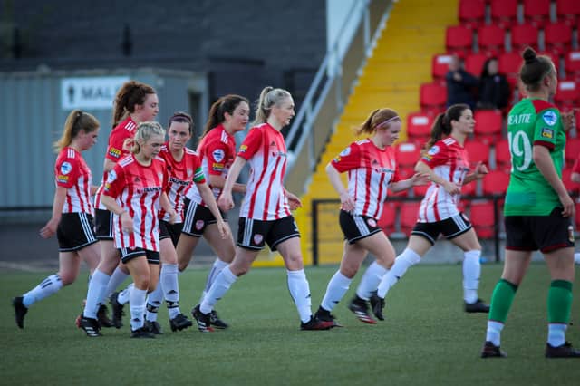 Derry celebrate one of their goals. Photo by JPJ Photography