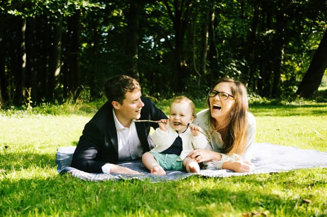 Gillian pictured with her husband Damien and son Senan