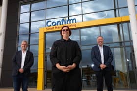 Dr Eoin O’Connell, UL President Prof Kerstin Mey and Prof Conor McCarthy of UL, Confirm Director at the launch of the new digital manufacturing site and HQ last December | PICTURE Sean Curtin