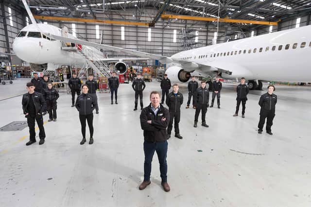 Atlantic Aviation Group CEO Shane O’Neill pictured with the company’s 2020 apprentices at its Shannon base |PICTURE: Eamon Ward