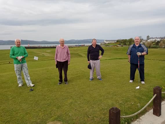 BACK IN ACTION: Buncrana Golf Club members John P McConnell, Barney McLaughlin, Phil Gilsennan and Liam Lynch, who all enjoyed nine holes on Monday.