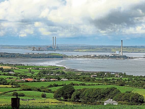 Moneypoint Power Station alongside Tarbert across the Shannon Estuary