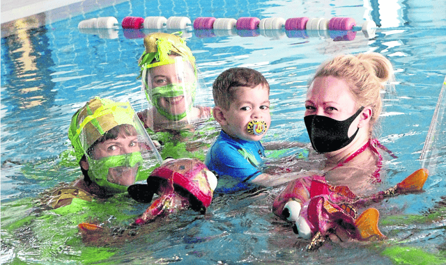 Darren Griffin with his mother Sarah O'Donovan , Hyde Road with Anna Newell and Muireann D'Arcy from the Anna Newell Theatre Adventures SING ME TO THE SEA event in the Hydro Pool at St Gabriel Centre