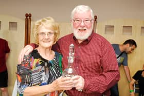 The late master accordion player Joe Burke pictured with Nancy Woods at the Joe Mooney Summer School.
