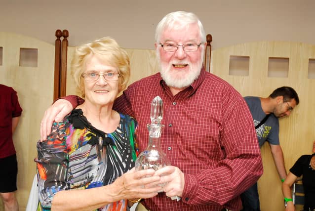The late master accordion player Joe Burke pictured with Nancy Woods at the Joe Mooney Summer School.